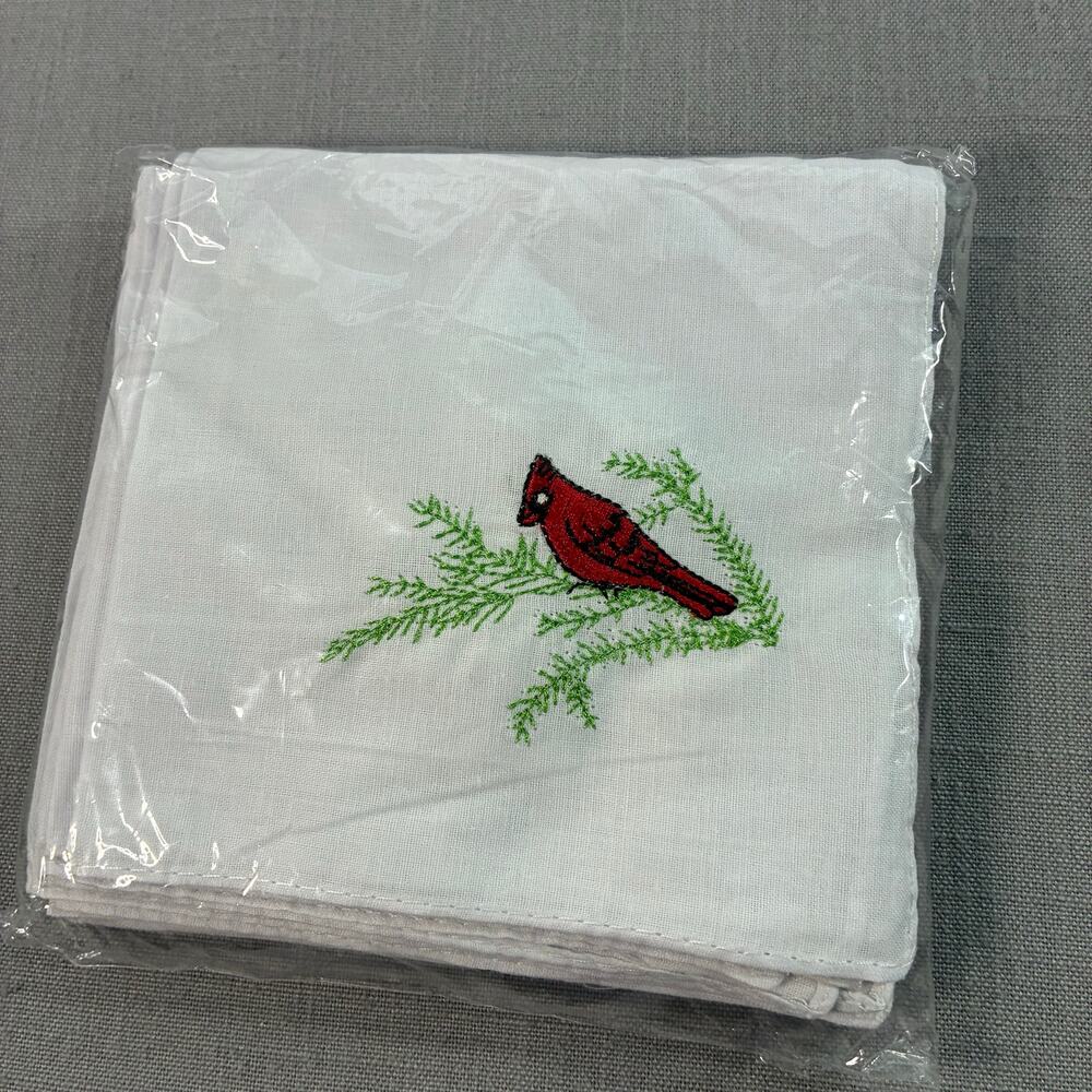 Vintage Cardinal Bird Embroidered Handkerchiefs White Hankies NOS Pack of 12